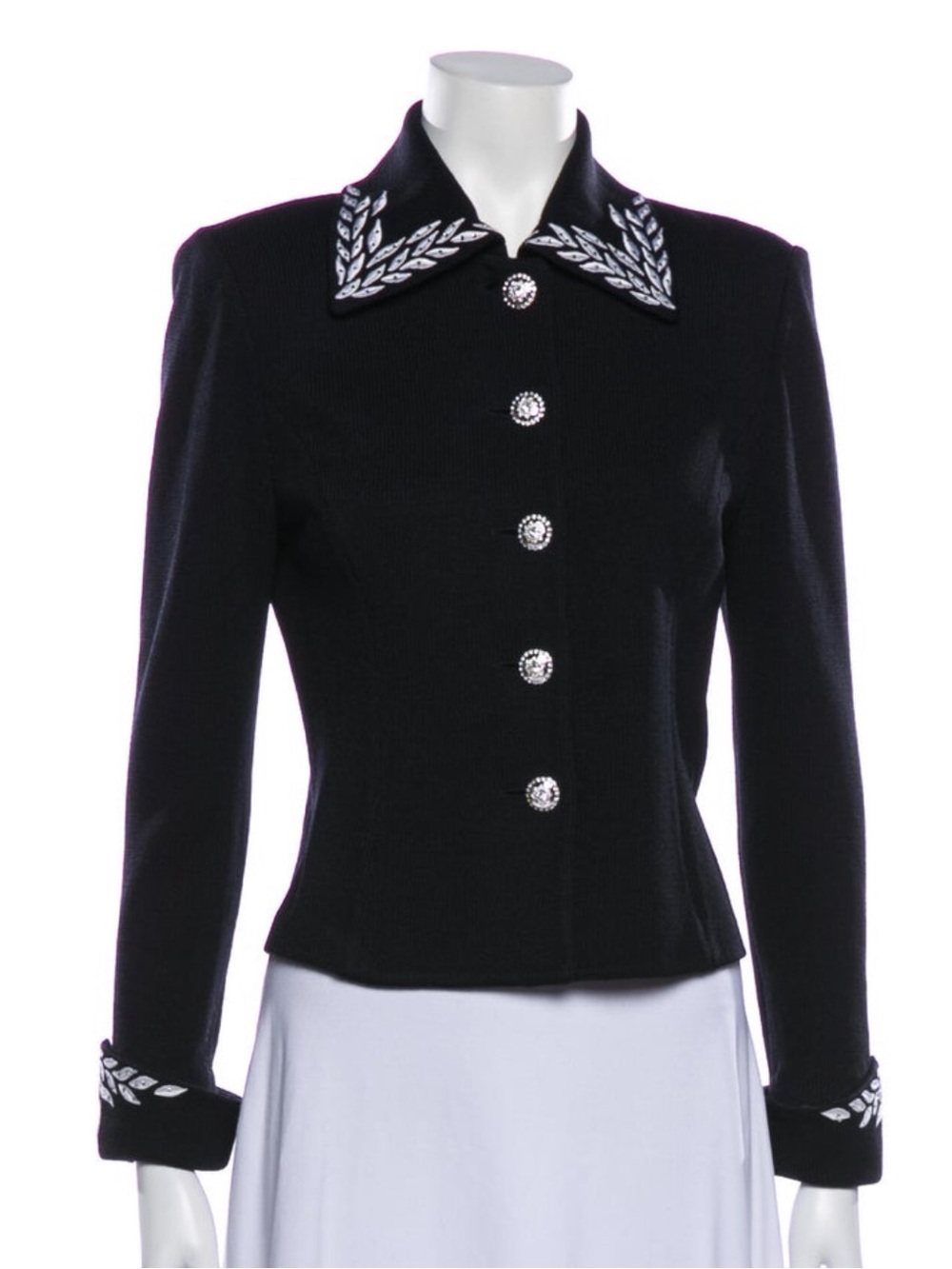 St. John Black Embroidered Collar & Cuff Wool Blazer